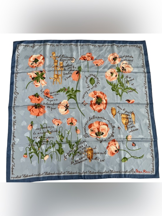 Nina Ricci Accessories - Nina Ricci Blue Scarf with Coral Floral Poppies